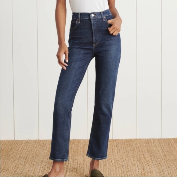 Agolde Riley Long High Rise Straight Leg Jeans Dark Blue Wash Size 31 Luxury - Picture 7 of 16